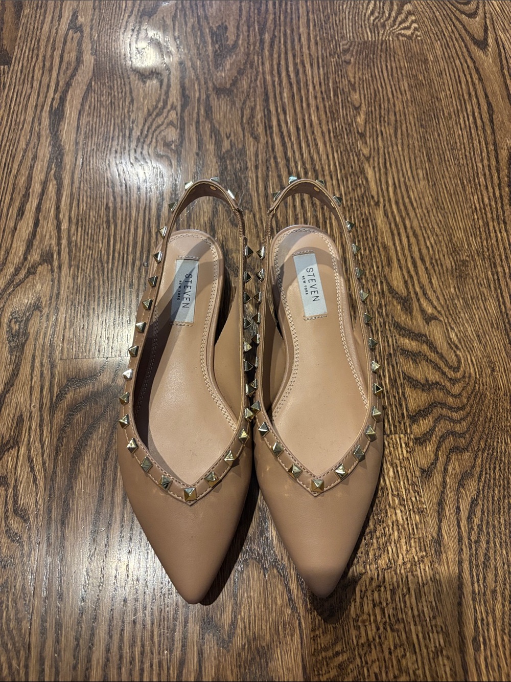 Steven Beige Pointed-Toe Slingback Flats with Gold Studs